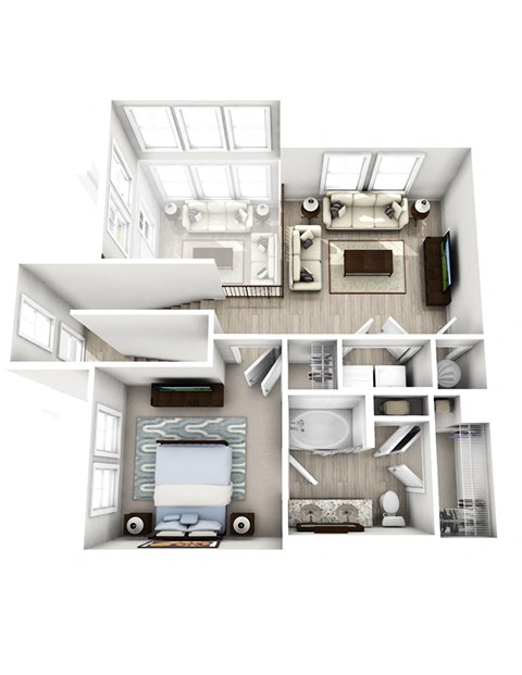 a 3d floor plan of a house with a bedroom and a living room